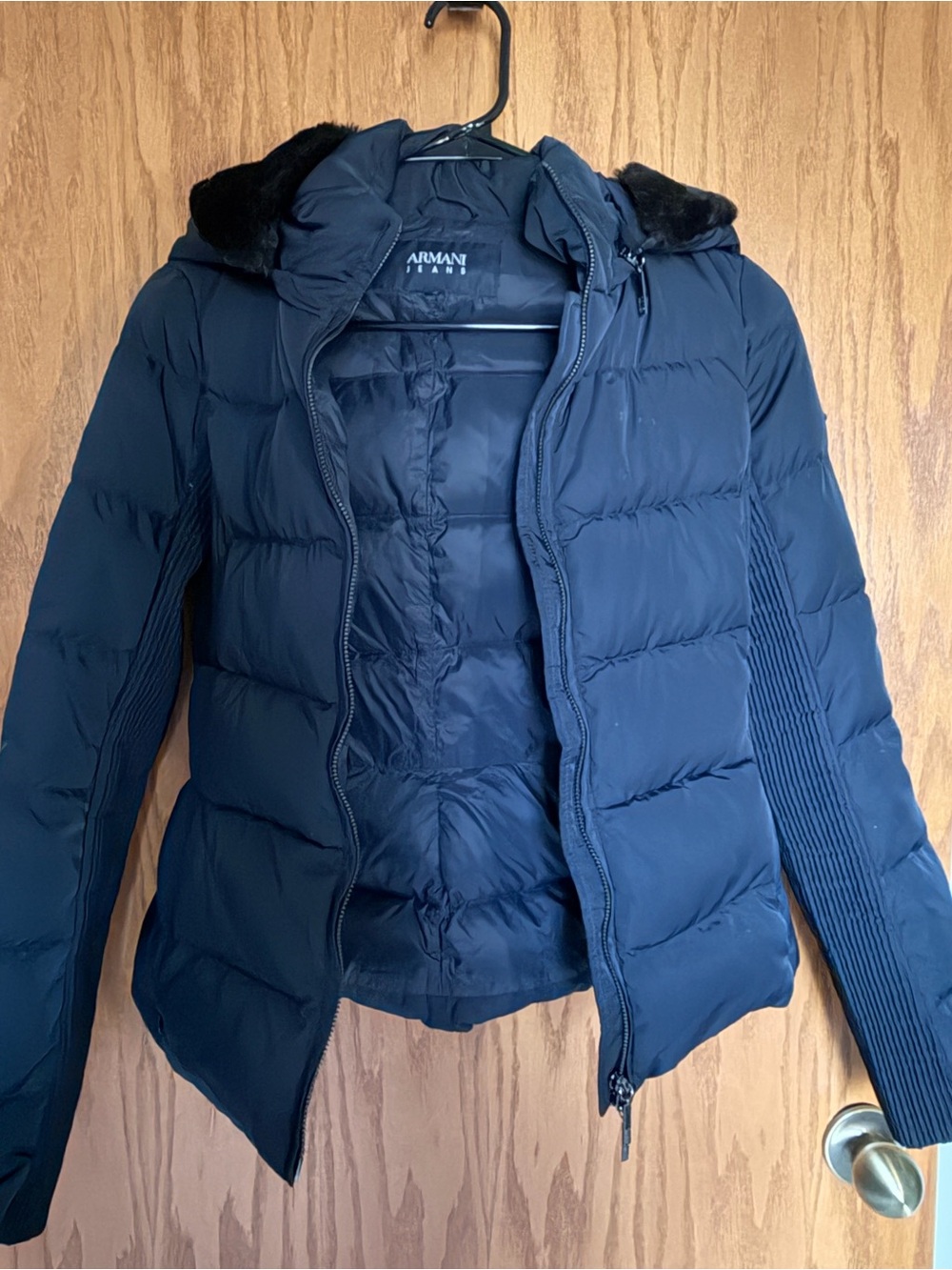 Armani Jeans Navy Blue Quilted Puffer Jacket with Faux Fur Trim